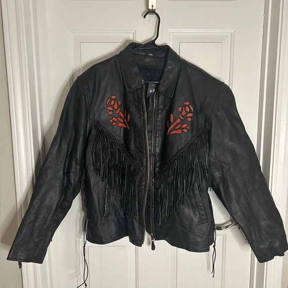 VTG Women Black Leather Fringe Lined Jacket Red Rose Embroidery XXXXL (0281) - Picture 1 of 8
